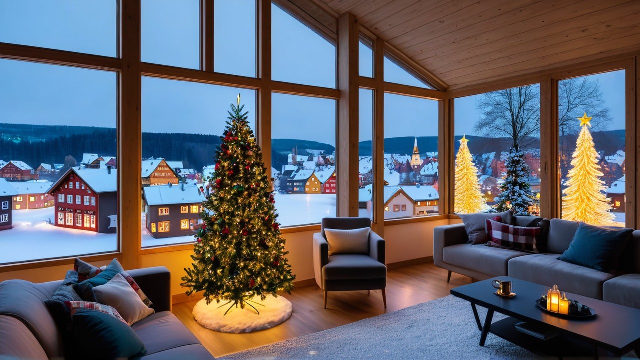 Decorated Living Room with Bay Window and Christmas Tree