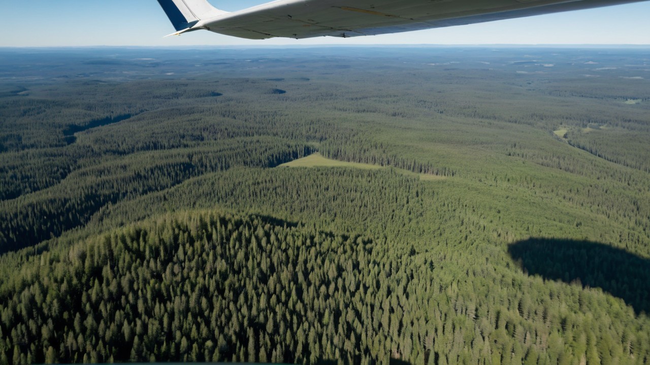 Aerial View of Lush Forest and Airplane Wing