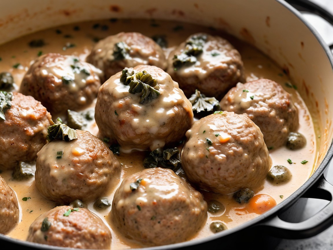 Black Cast Iron Pot with Meatballs in Creamy Sauce
