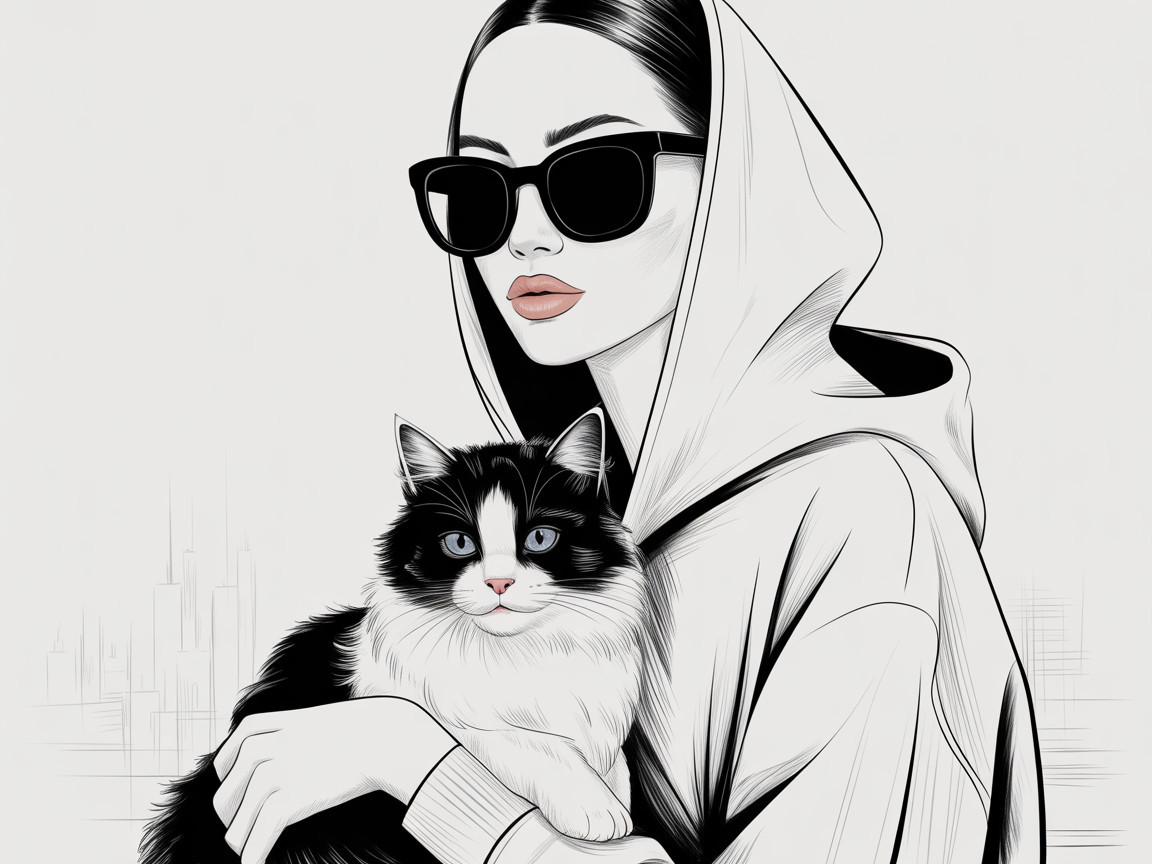 Minimalist Black and White Illustration of Woman and Cat