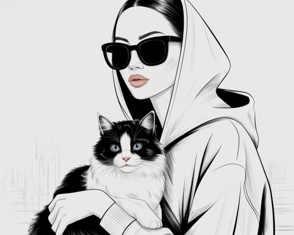 Minimalist Black and White Illustration of Woman and Cat