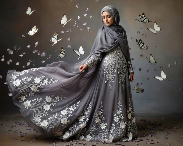 Young Muslim Woman in Light Gray Embroidered Abaya