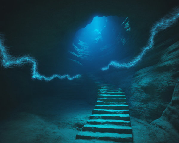 Underwater Cave with Arched Opening and Blue Light