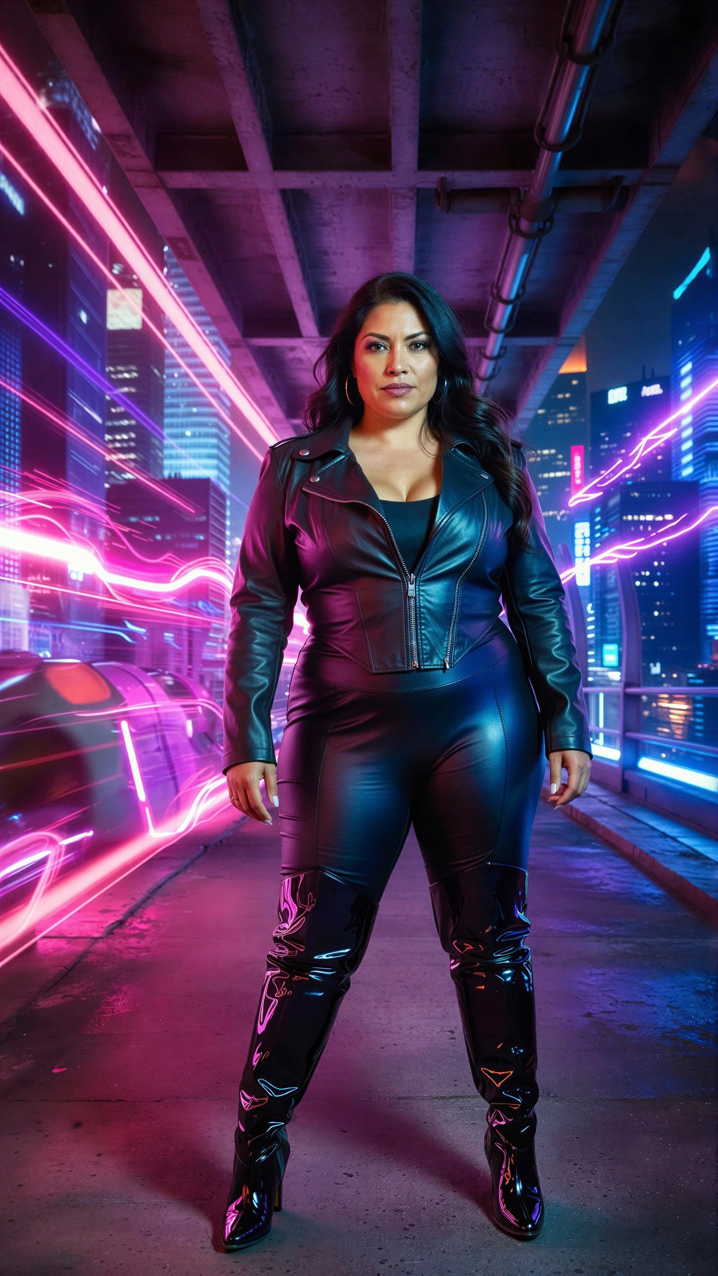 Confident Plus-Size Woman in Biker Outfit in Cyberpunk City