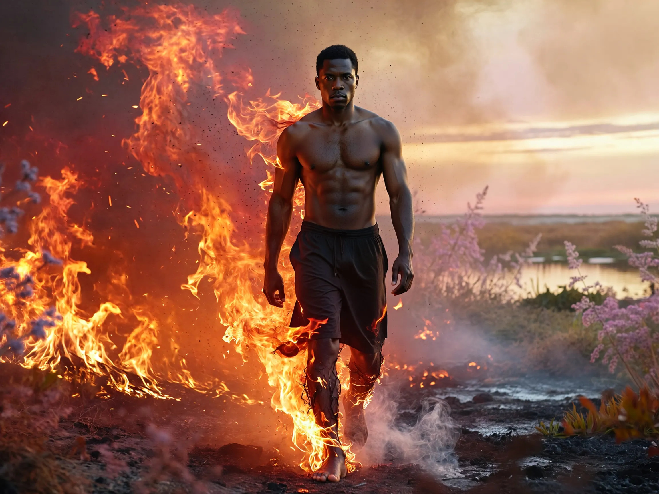 Muscular Man Walking Through Flames and Smoke