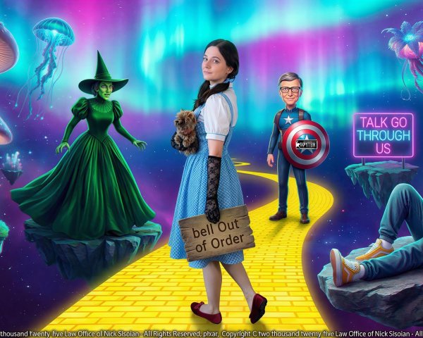 Surreal Scene of Dorothy on Yellow Brick Road with Characters