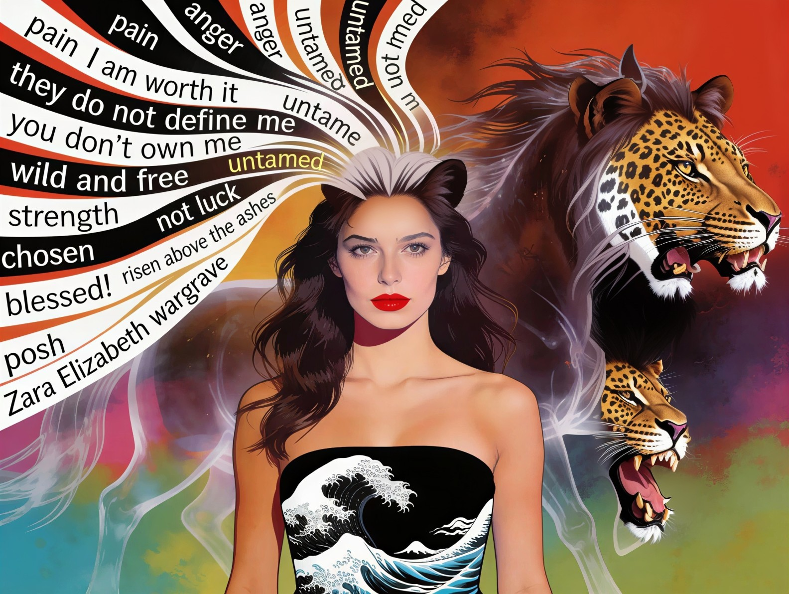Digital Painting of Woman with Colorful Text Elements