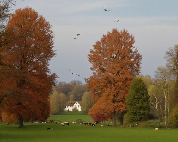 Tranquil Autumn Landscape with Meadow and Foliage