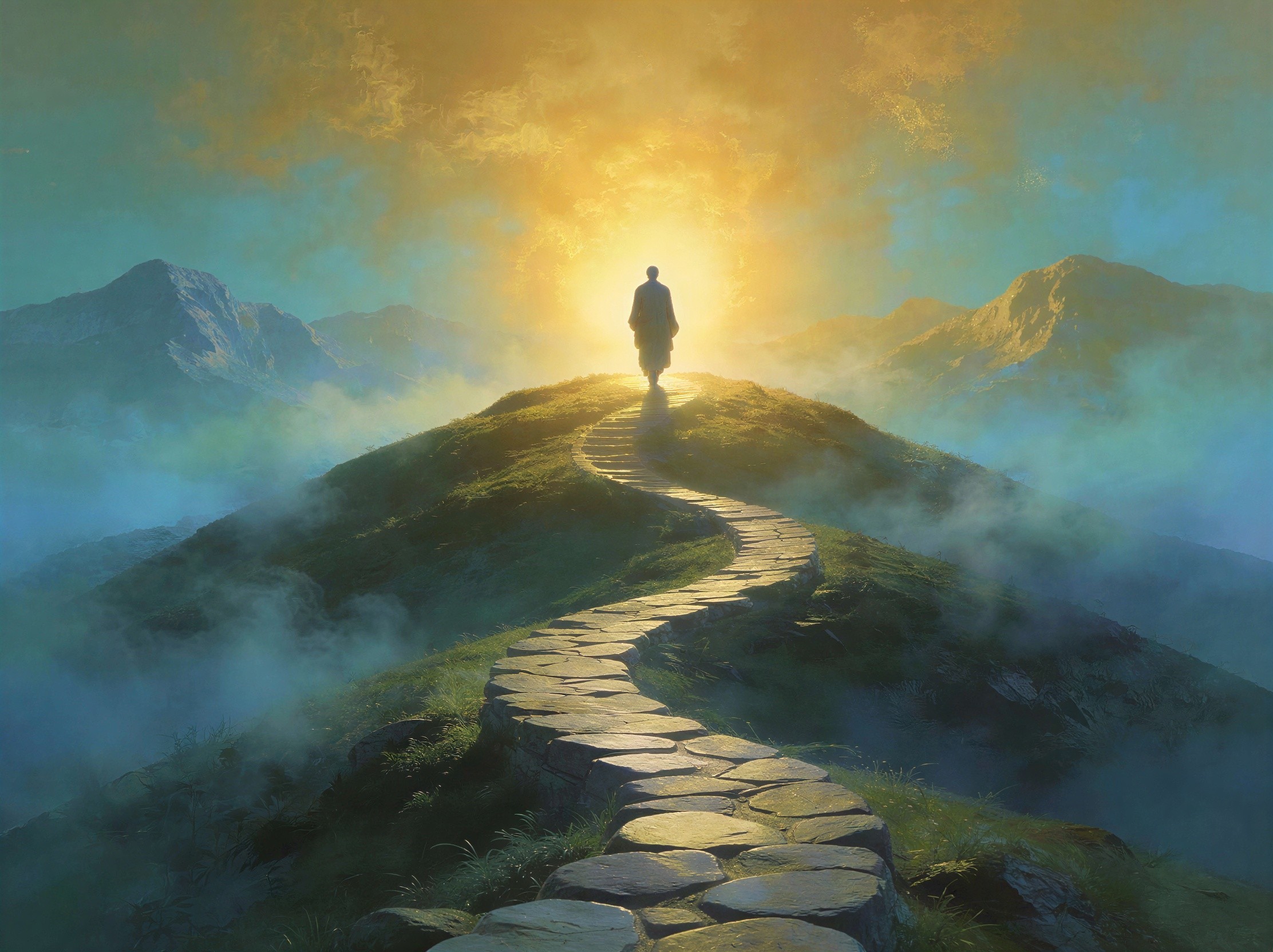 Solitary Figure Walking Up Winding Stone Pathway