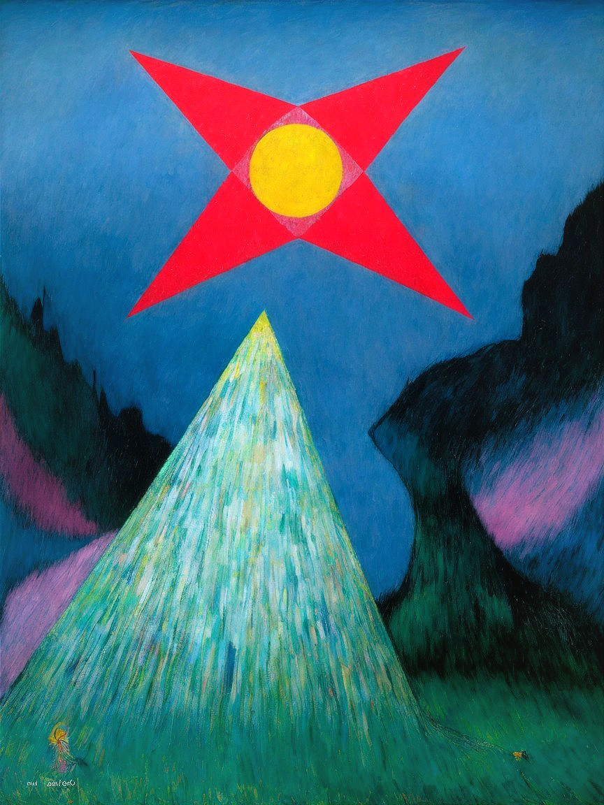 Surrealist Oil Painting of a Night Landscape with Stars