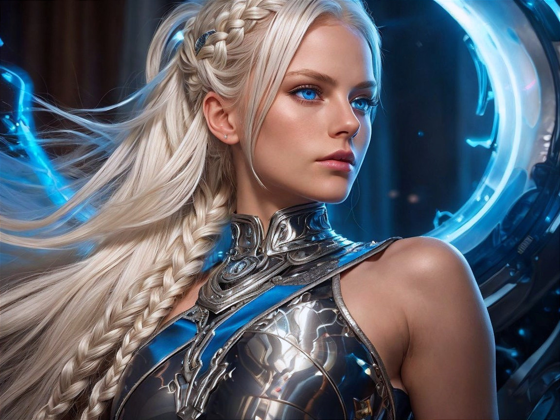 Close-up of a woman in detailed silver armor with braids