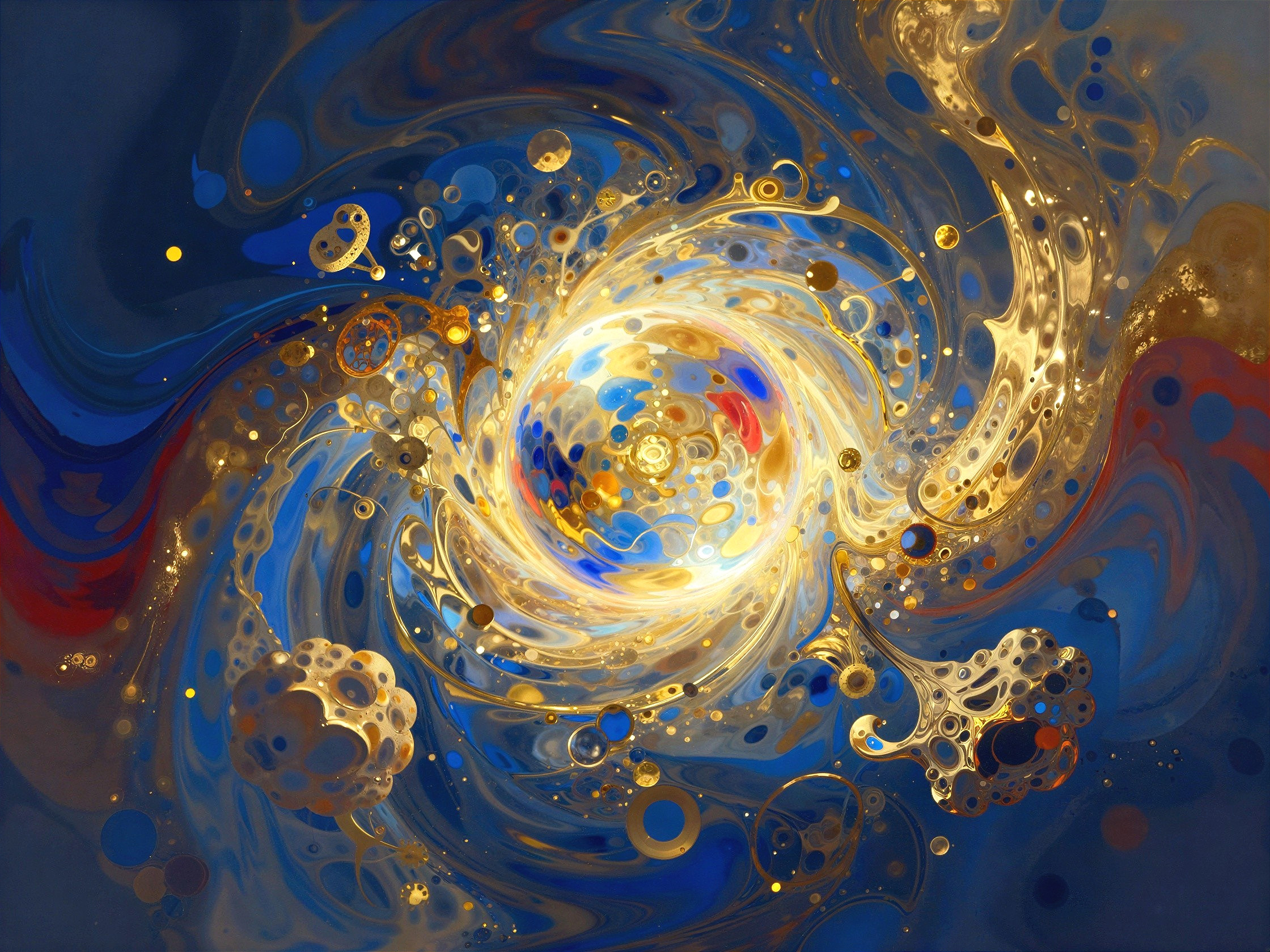 Vibrant Abstract Painting with Swirling Vortex and Bubbles
