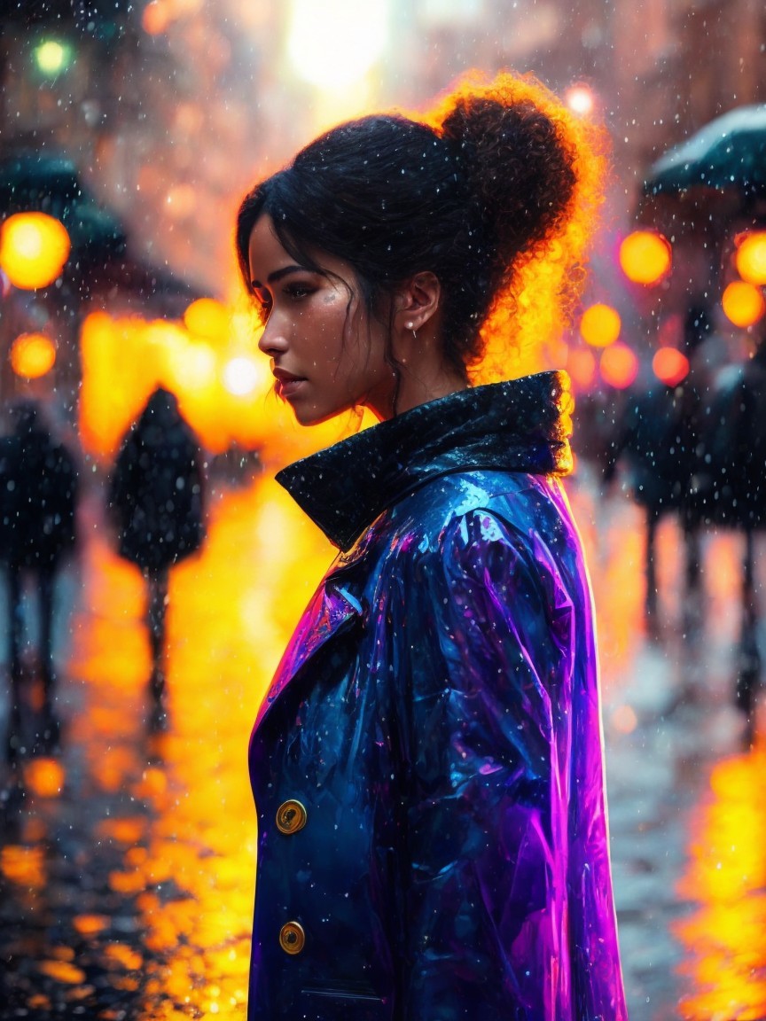 Profile of a Woman in Rainy Night Street Scene