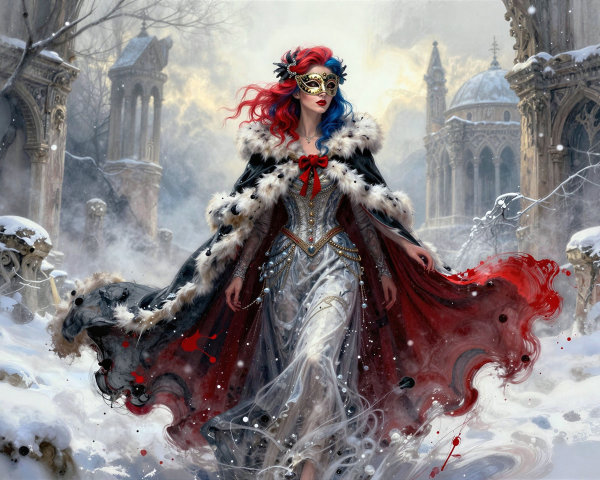 Masked Woman in Snowy Abandoned City Scene