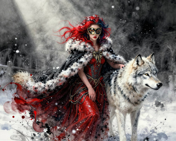 Woman in ornate gown with wolf in snowy forest scene