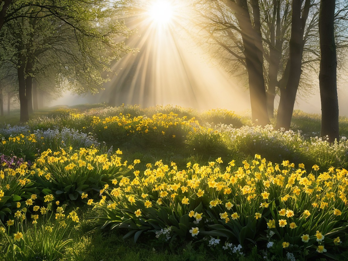 Spring Landscape with Blossoming Trees and Flowers