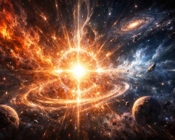 Vibrant Cosmic Explosion with Nebulae and Planets