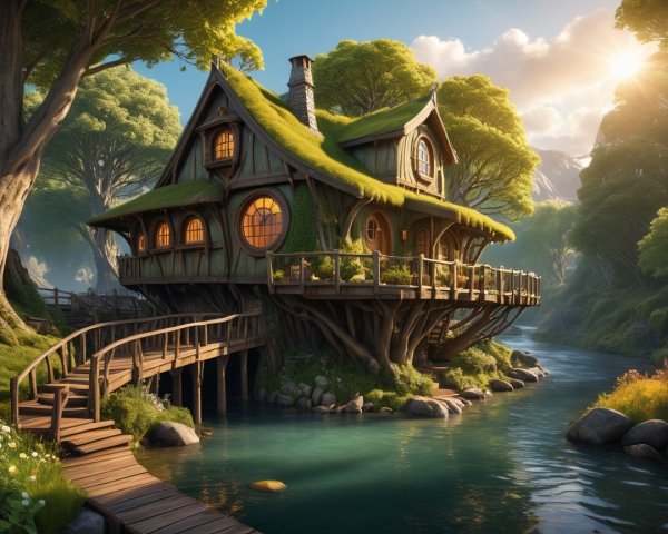 Whimsical Hobbit-Style Treehouse by a Tranquil River