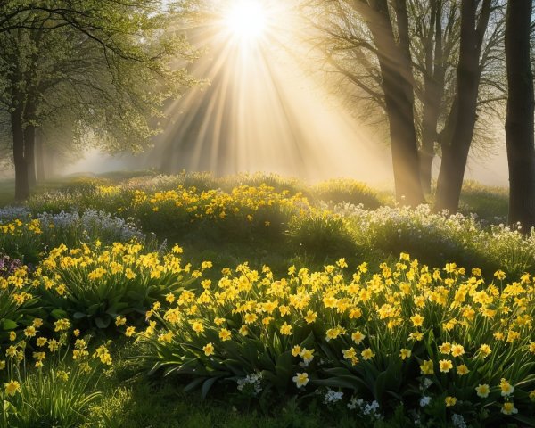 Spring Landscape with Blossoming Trees and Flowers