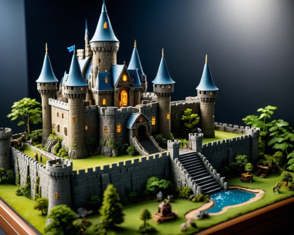 Miniature medieval castle model with detailed features