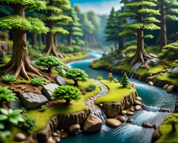 diorama displays a vibrant forest scene with a river.