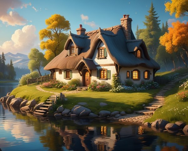 Charming Storybook Cottage by Serene Lake at Sunset
