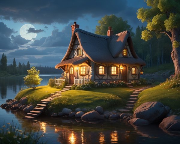 Whimsical Fairy Tale Cottage by a Serene Lake at Night