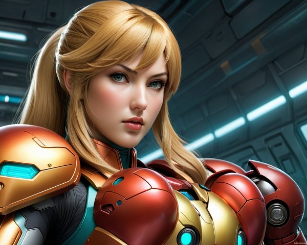 Futuristic blonde woman in orange and gold suit portrait