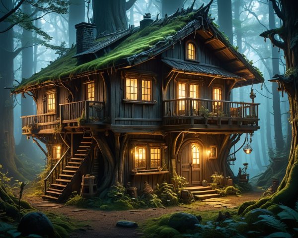 Whimsical Wooden House in a Misty Forest Setting