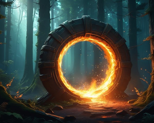 Mystical Metal Ring with Cosmic Vortex in Forest Path