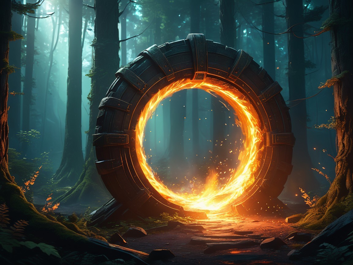 Mystical Metal Ring with Cosmic Vortex in Forest Path