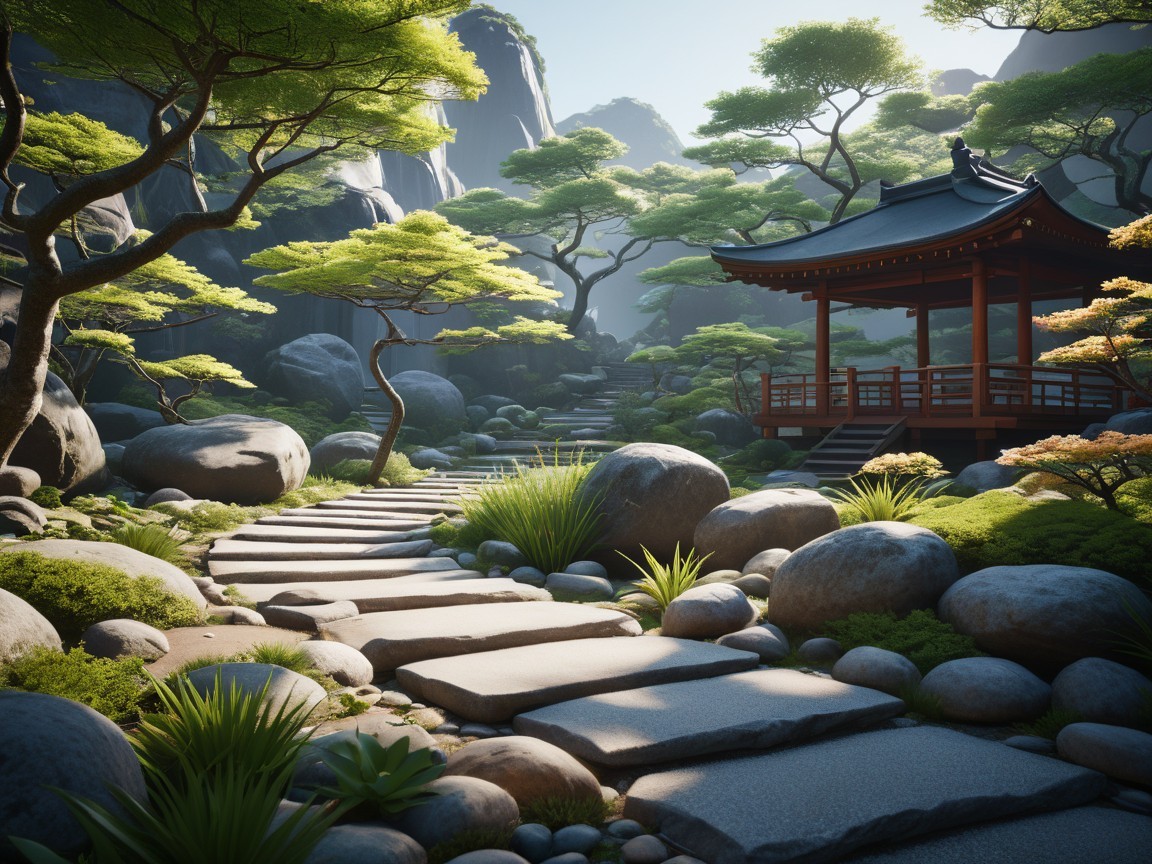 Japanese garden featuring stepping stone pathway and gazebo