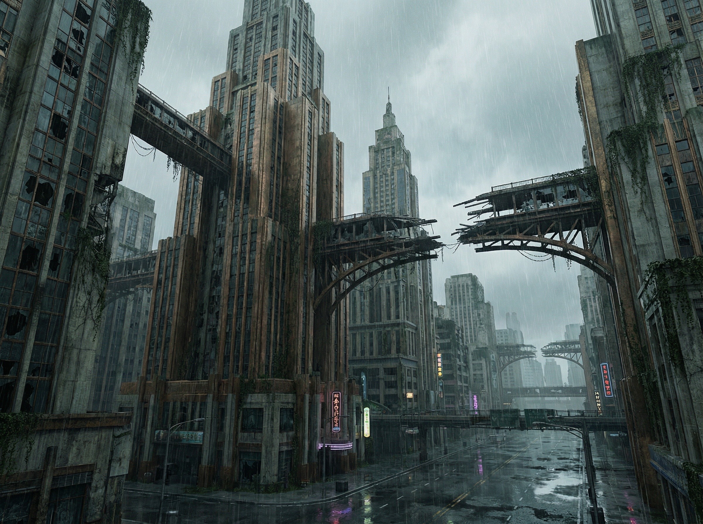 Aerial View of Abandoned Post-Apocalyptic Metropolis