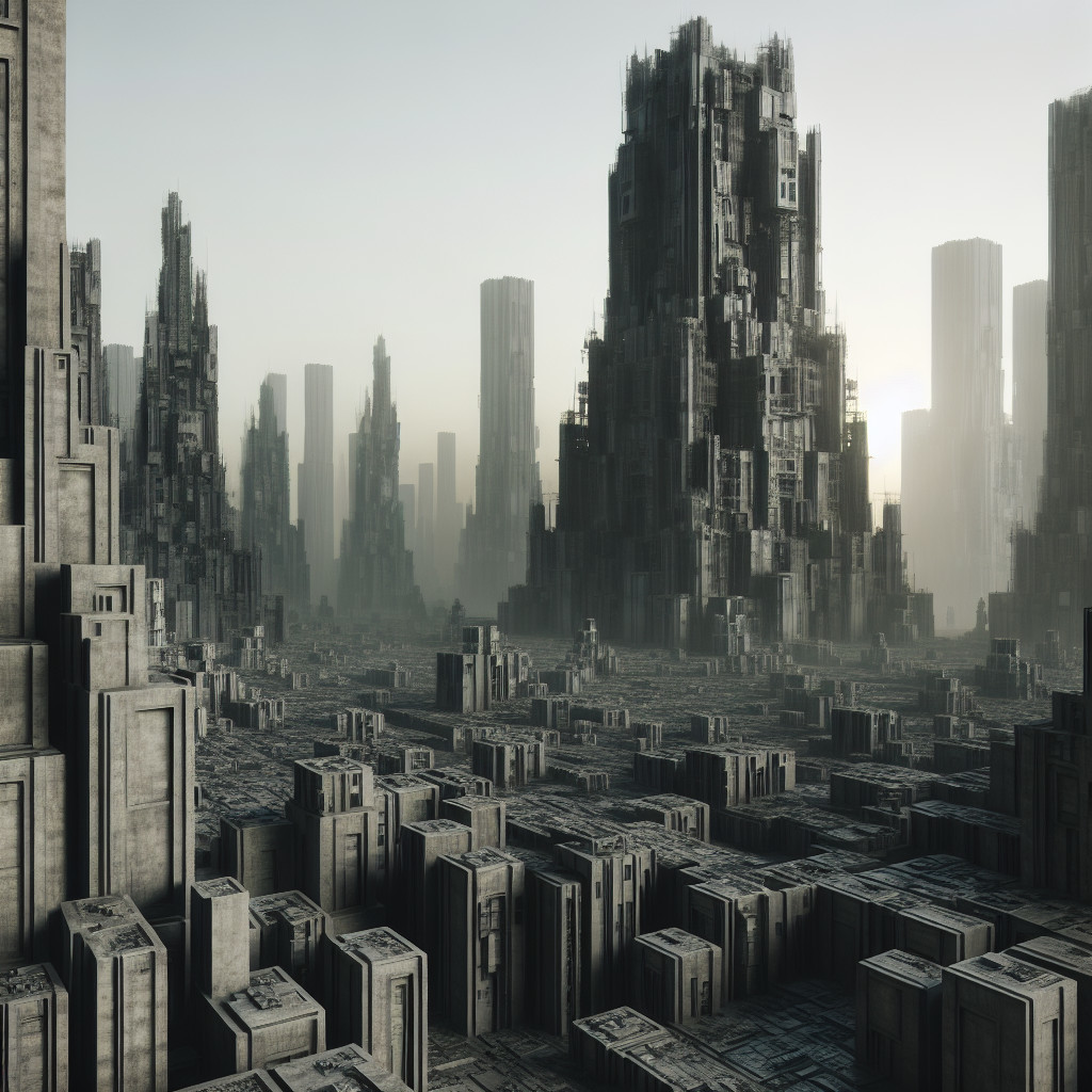 Futuristic Cityscape with Skyscrapers and Geometric Terrain