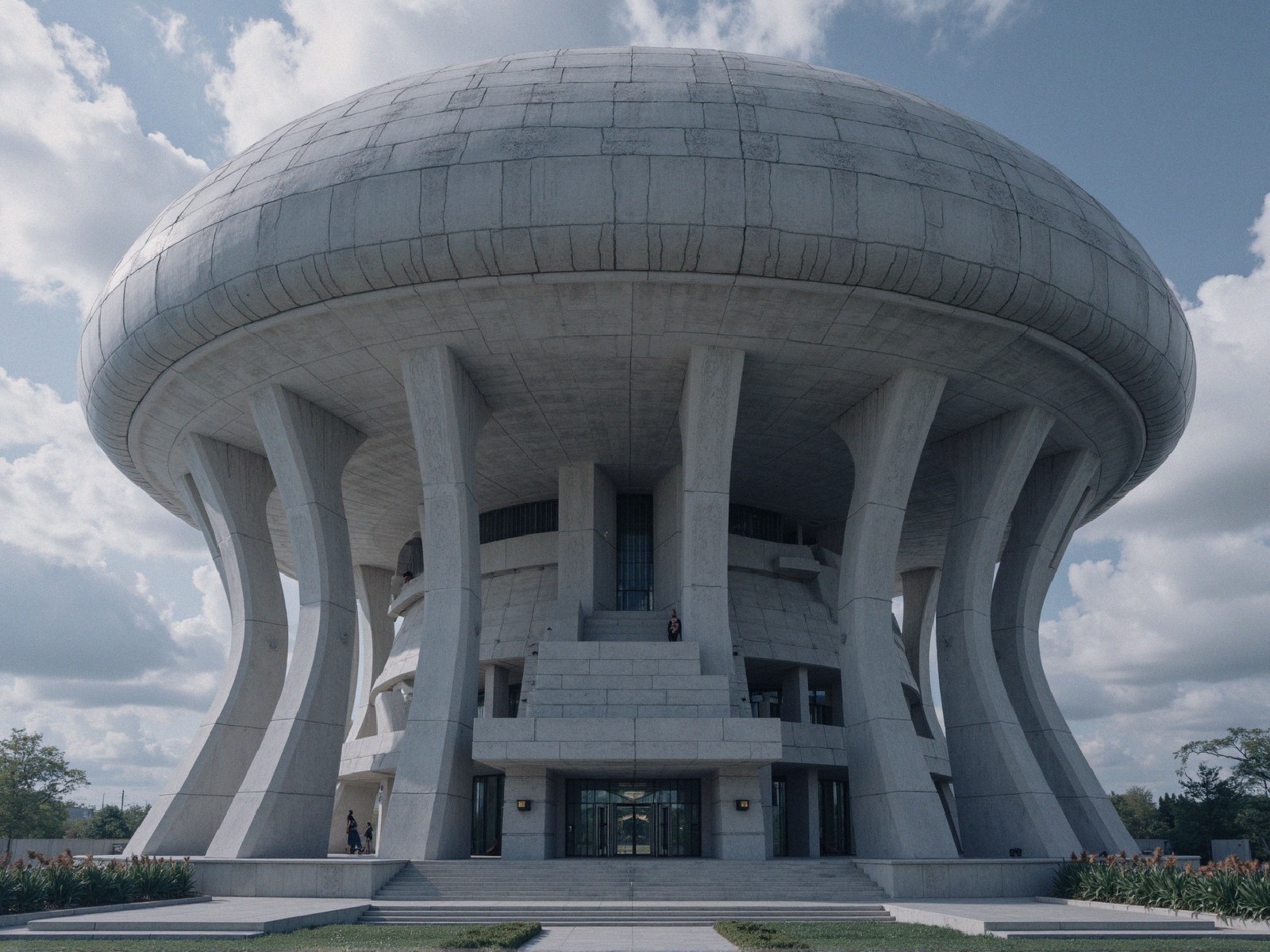 Futuristic Mushroom-Shaped Building with Dome Roof