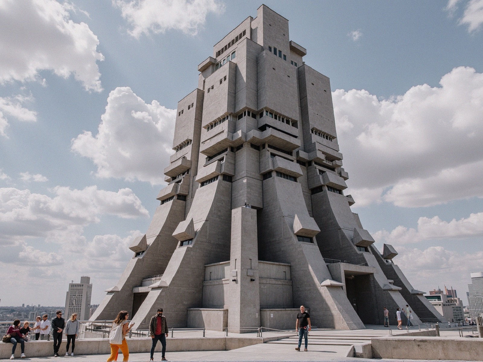Brutalist Building with Futuristic Aesthetic Under Sky