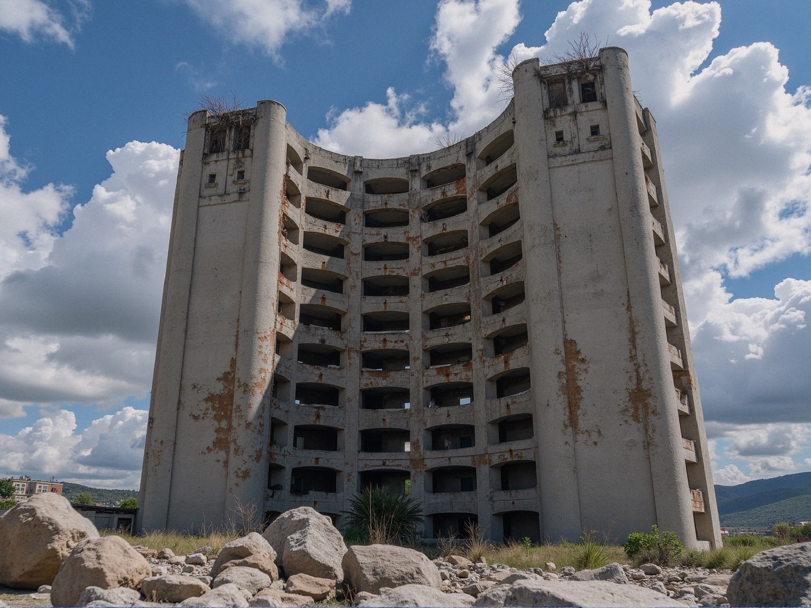 Abandoned Curved Concrete Building with Overgrowth