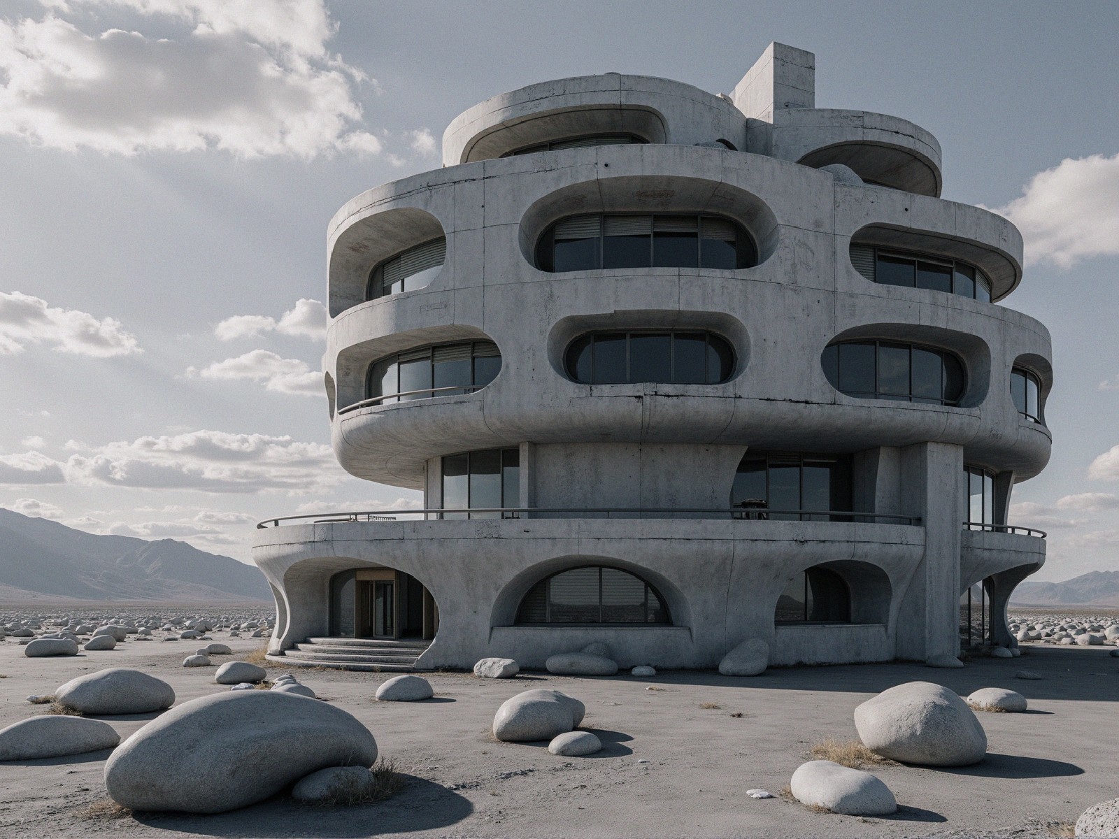 Modern Sculptural Concrete Building in Rocky Landscape