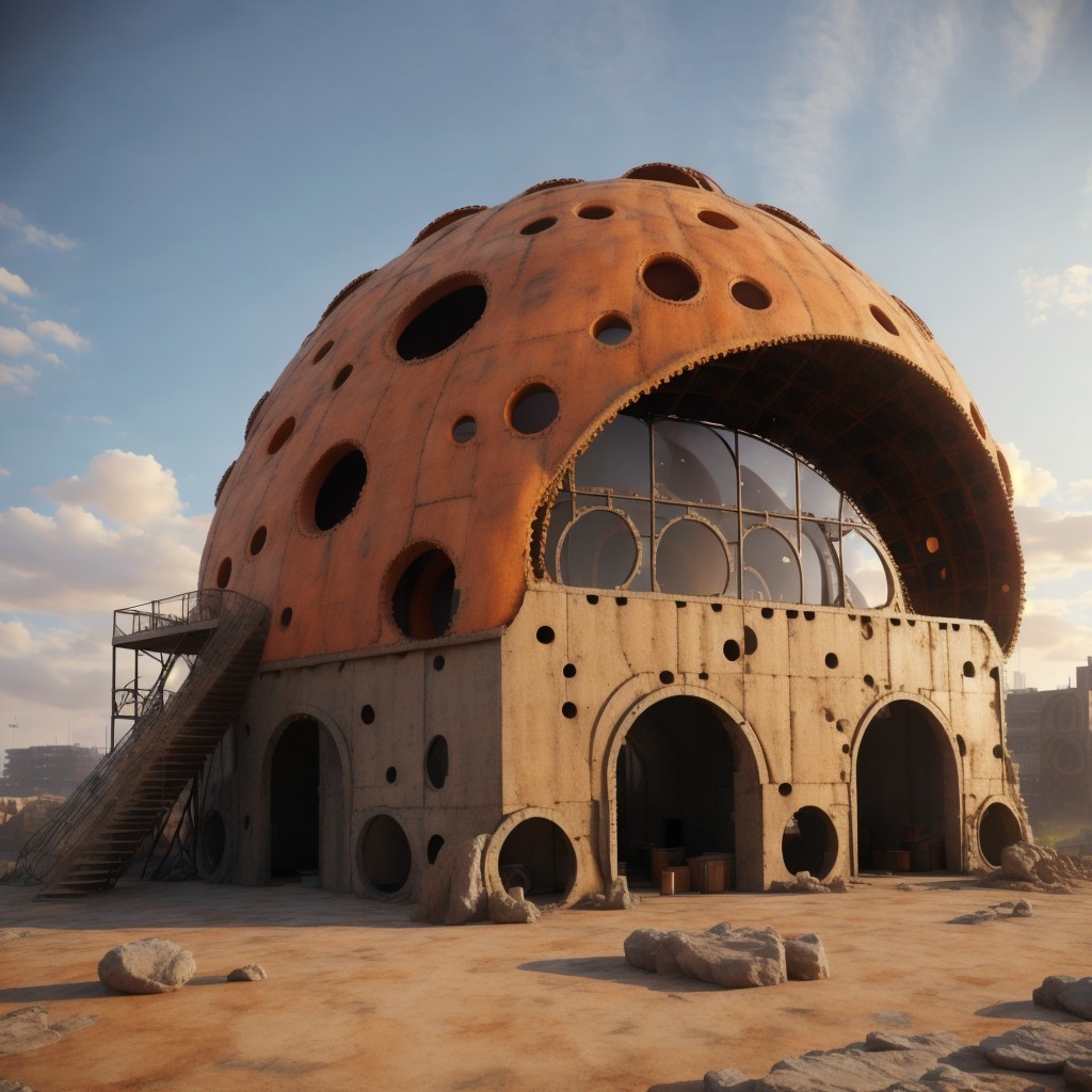 Futuristic dome-shaped building with textured orange exterior