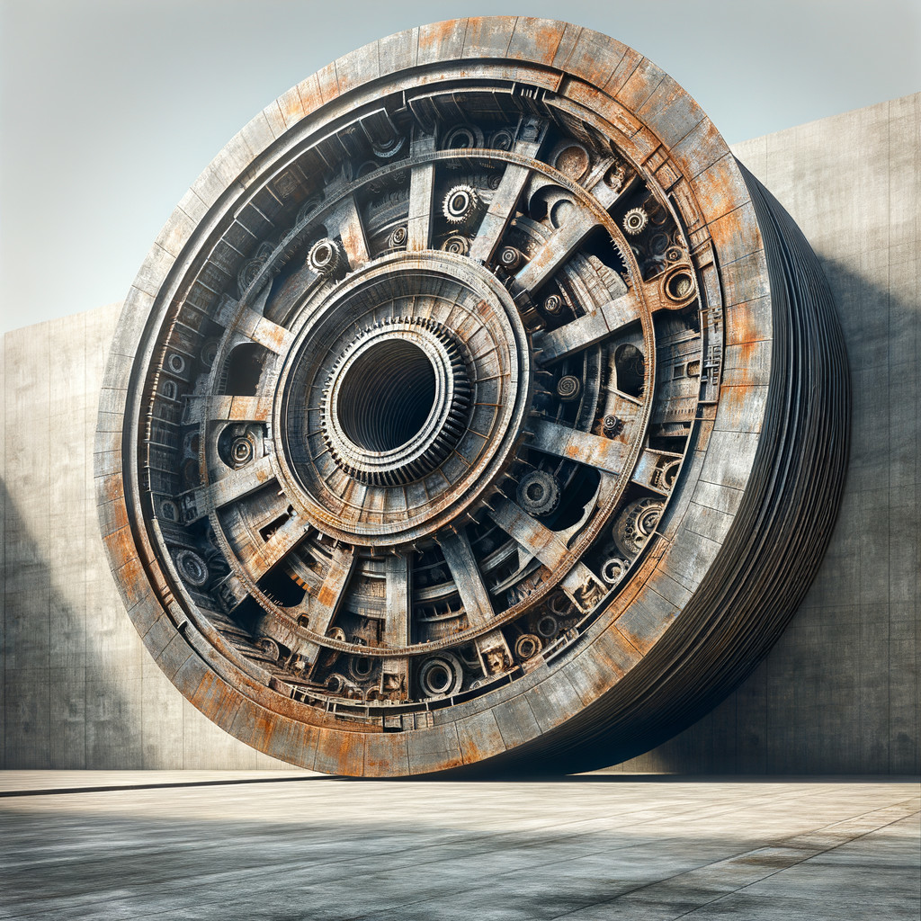 Rusted Industrial Wheel Against Concrete Wall