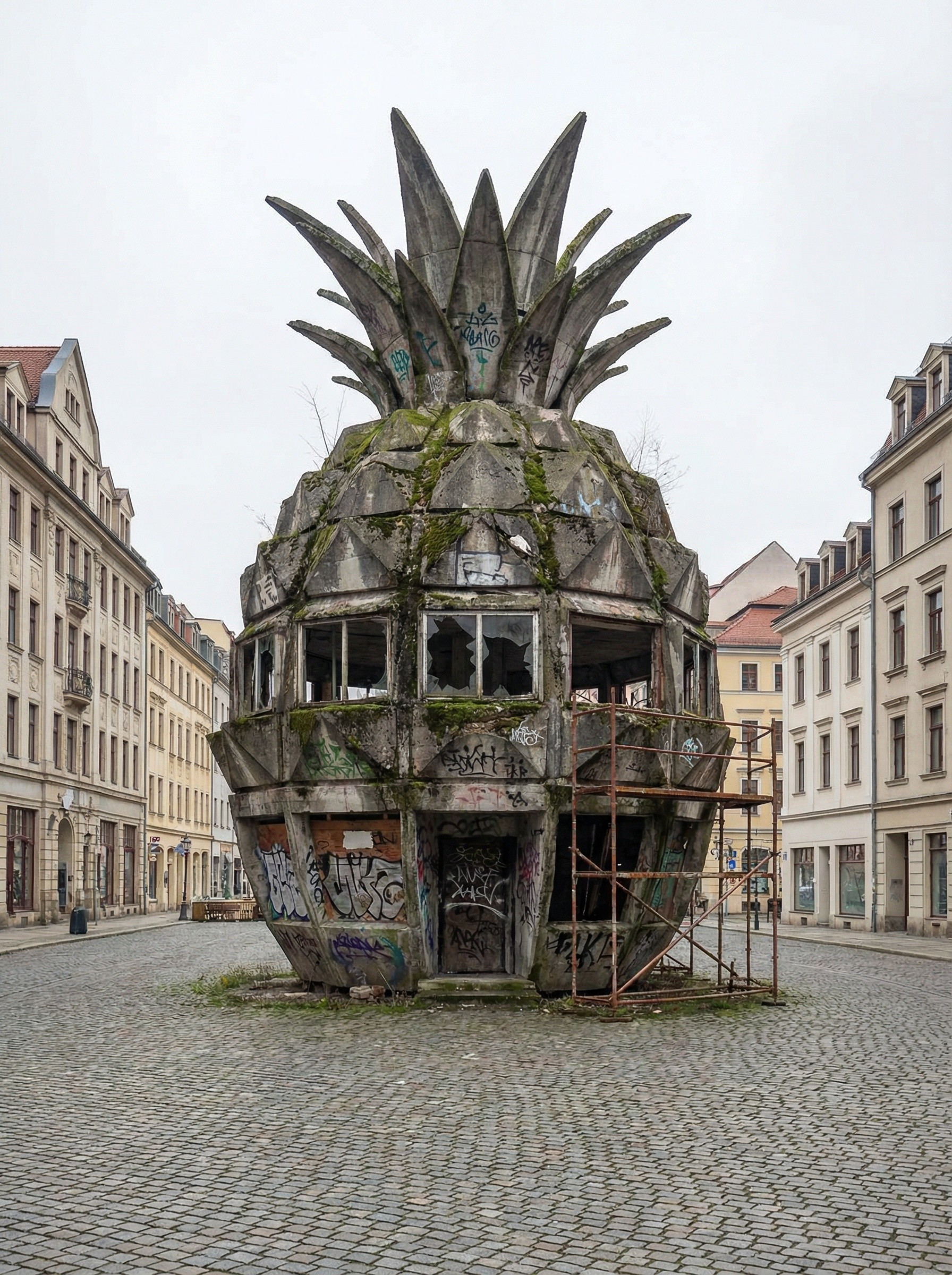 Abandoned Concrete Pineapple Building on Cobblestone Street