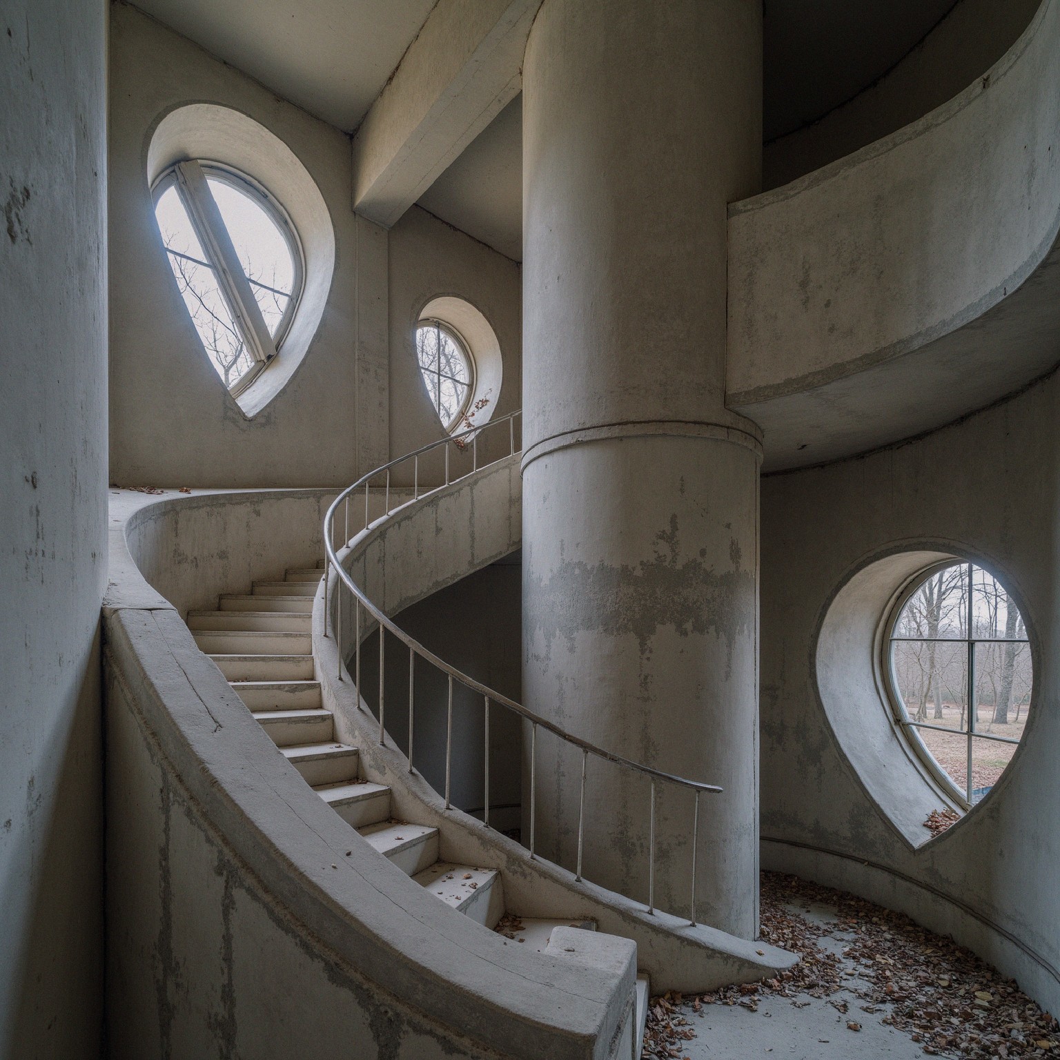Spiraling Staircase in Abandoned Concrete Interior