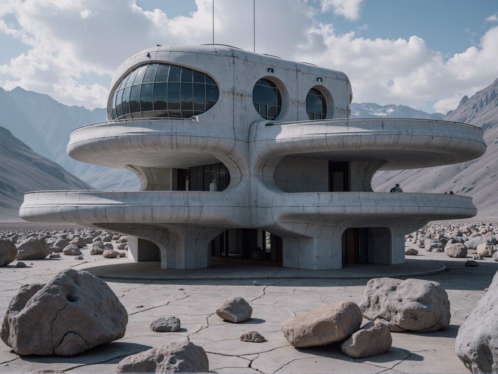 Futuristic Building with Curved Design in Mountains