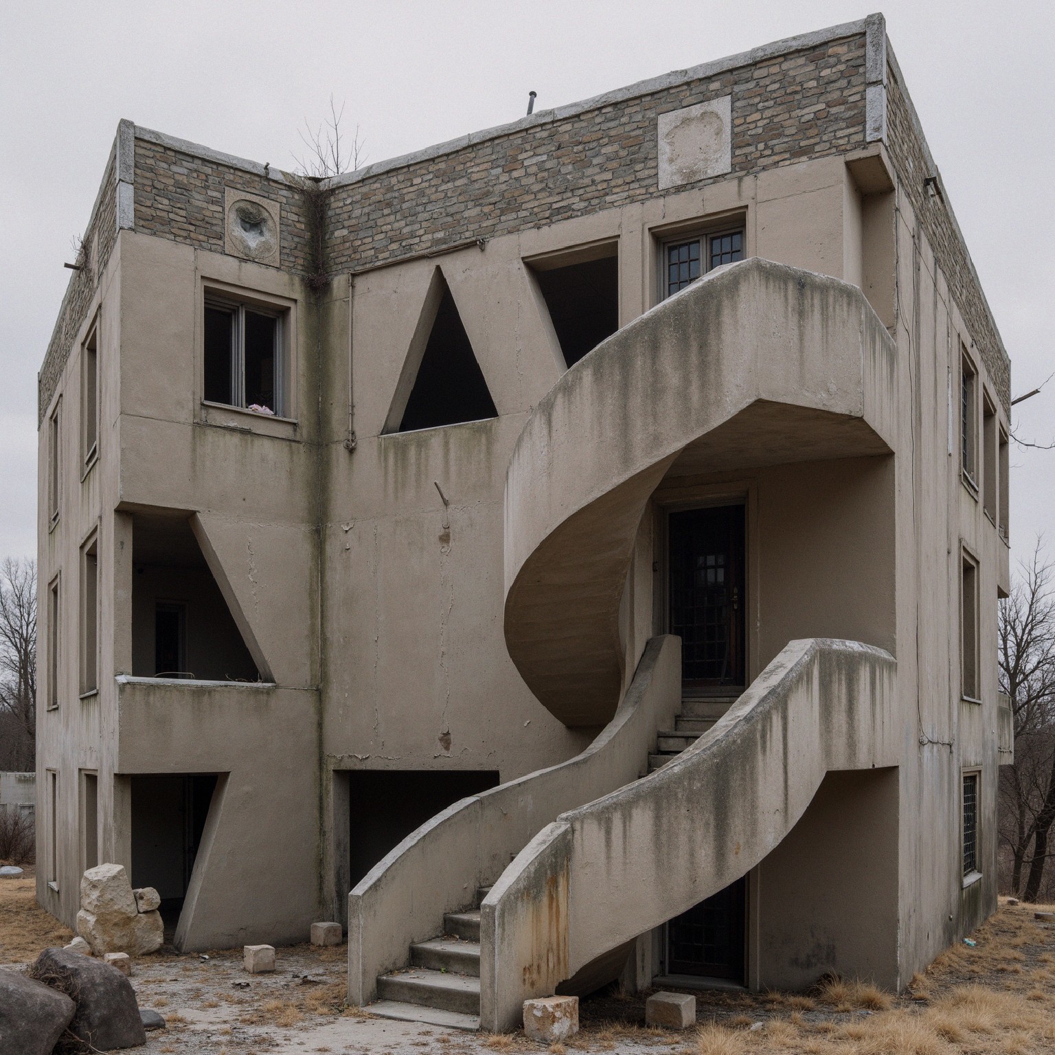 Abandoned Two-Story Modern Architectural Building