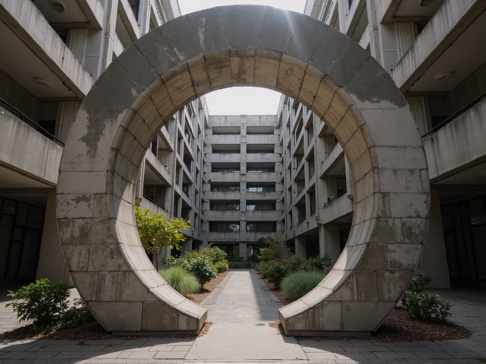 Circular Concrete Archway in Modernist Courtyard