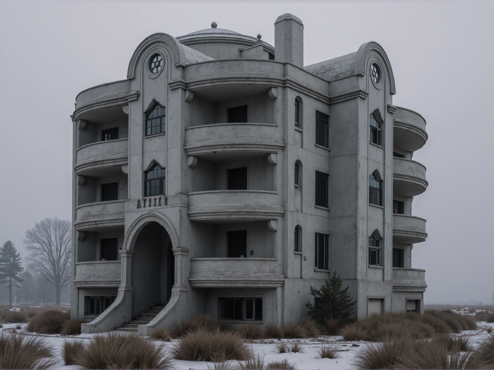 Eerie Abandoned Building with Unique Architecture