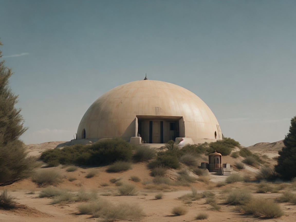 Dome-Shaped Structure in Desert Landscape with Shrine