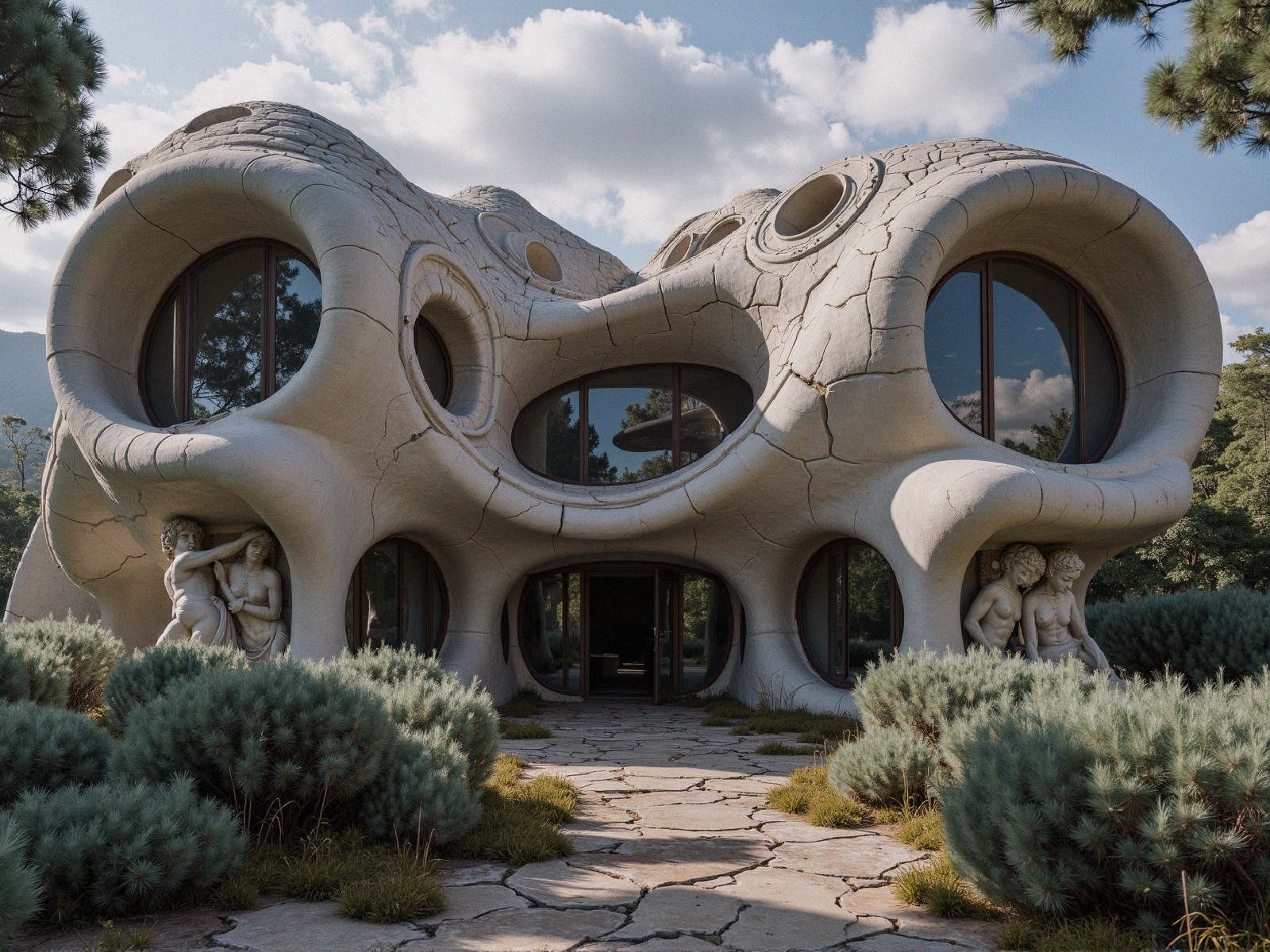 Organic-Shaped Building with Abstract Design and Greenery