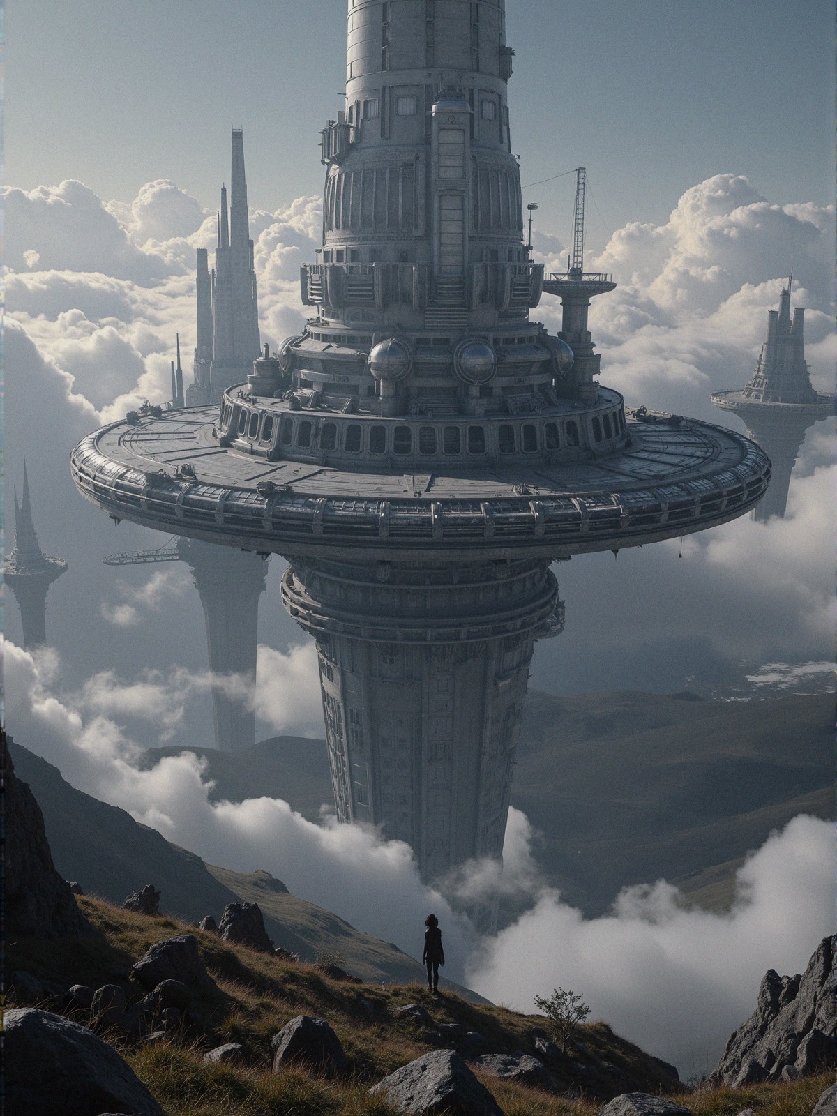 Futuristic landscape with a massive space station above clouds