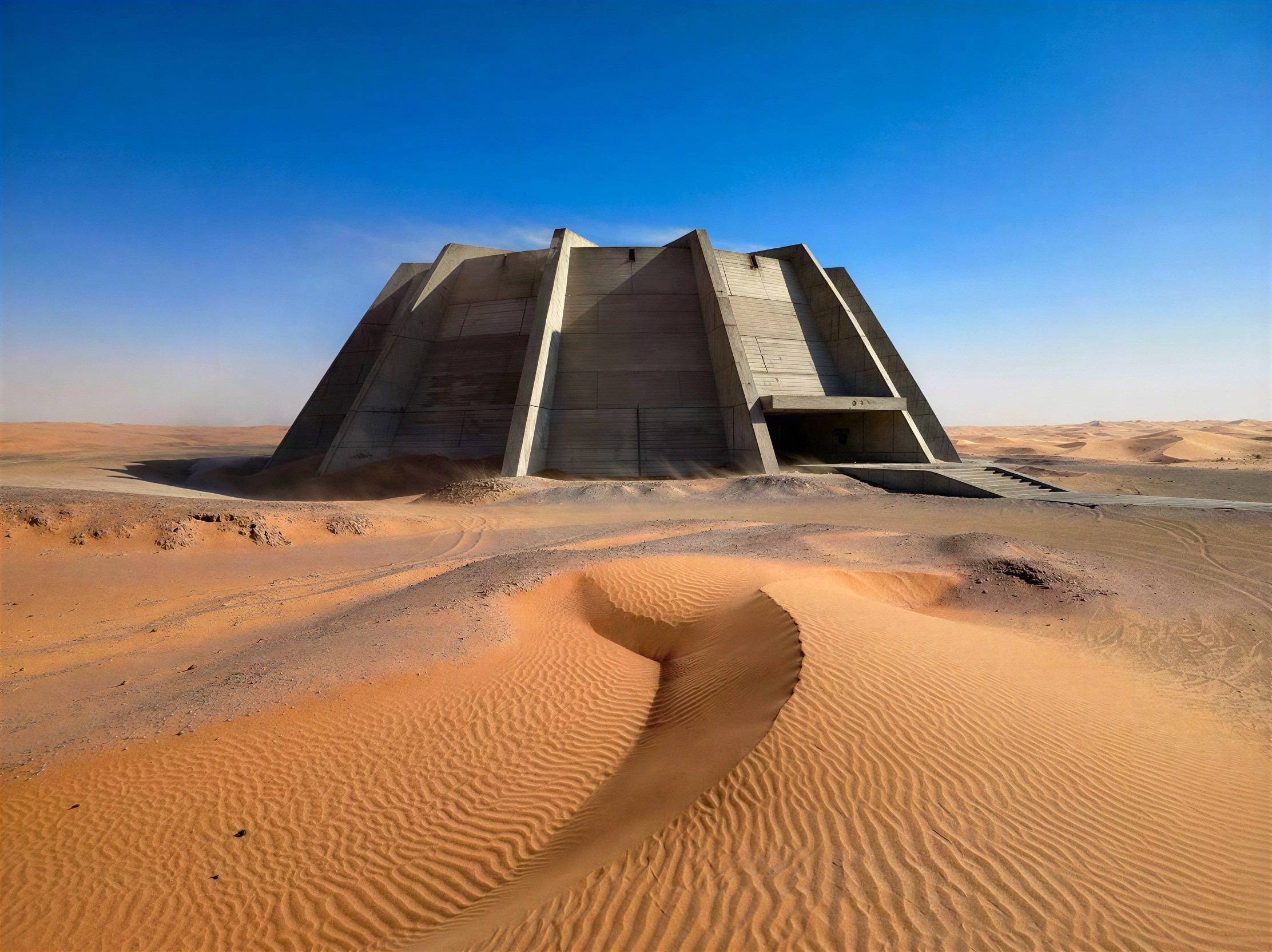 Brutalist Alien Structure in Desert Landscape